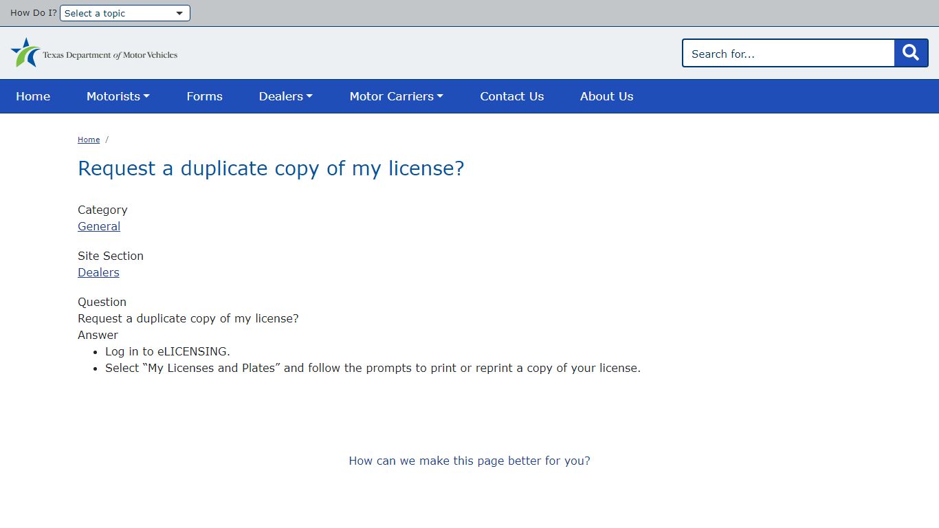 Request a duplicate copy of my license? | TxDMV.gov